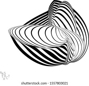 Abstract striped wavy shape. Optical art background. 3D marble texture. Black and white striped pattern. Futuristic vector illustration isolated.