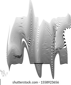 Abstract striped wavy shape. Optical art background. 3D marble texture. Black and white striped pattern. Futuristic vector illustration isolated.