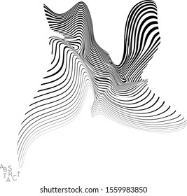 Abstract striped wavy shape. Optical art background. 3D marble texture. Black and white striped pattern. Futuristic vector illustration isolated.
