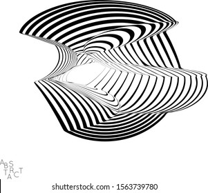 Abstract striped wavy shape. Optical art background. 3D marble texture. Black and white striped pattern. Futuristic vector illustration isolated.
