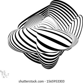 Abstract striped wavy shape. Optical art background. 3D marble texture. Black and white striped pattern. Futuristic vector illustration isolated.