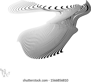 Abstract striped wavy shape. Optical art background. 3D marble texture. Black and white striped pattern. Futuristic vector illustration isolated.