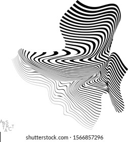Abstract striped wavy shape. Optical art background. 3D marble texture. Black and white striped pattern. Futuristic vector illustration isolated.