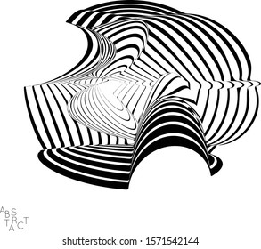 Abstract striped wavy shape. Optical art background. 3D marble texture. Black and white striped pattern. Futuristic vector illustration isolated.