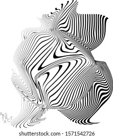 Abstract striped wavy shape. Optical art background. 3D marble texture. Black and white striped pattern. Futuristic vector illustration isolated.