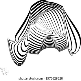 Abstract striped wavy shape. Optical art background. 3D marble texture. Black and white striped pattern. Futuristic vector illustration isolated.