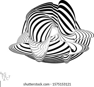 Abstract striped wavy shape. Optical art background. 3D marble texture. Black and white striped pattern. Futuristic vector illustration isolated.