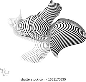 Abstract striped wavy shape. Optical art background. 3D marble texture. Black and white striped pattern. Futuristic vector illustration isolated.