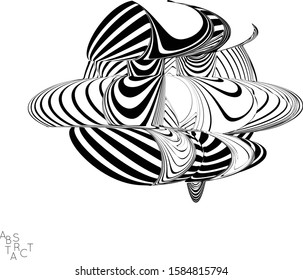 Abstract striped wavy shape. Optical art background. 3D marble texture. Black and white striped pattern. Futuristic vector illustration isolated.