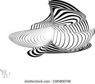 Abstract striped wavy shape. Optical art background. 3D marble texture. Black and white striped pattern. Futuristic vector illustration isolated.