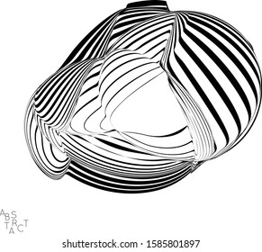 Abstract striped wavy shape. Optical art background. 3D marble texture. Black and white striped pattern. Futuristic vector illustration isolated.