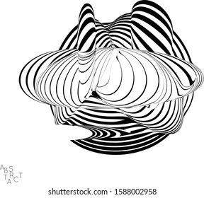 Abstract striped wavy shape. Optical art background. 3D marble texture. Black and white striped pattern. Futuristic vector illustration isolated.
