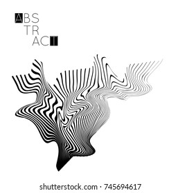 Abstract striped wavy shape. Optical art background. 3D marble texture. Black and white striped pattern. Futuristic vector illustration isolated.
