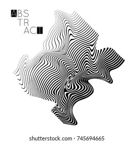 Abstract striped wavy shape. Optical art background. 3D marble texture. Black and white striped pattern. Futuristic vector illustration isolated.