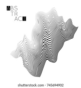 Abstract striped wavy shape. Optical art background. 3D marble texture. Black and white striped pattern. Futuristic vector illustration isolated.