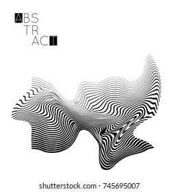 Abstract striped wavy shape. Optical art background. 3D marble texture. Black and white striped pattern. Futuristic vector illustration isolated.