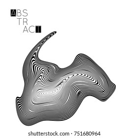 Abstract striped wavy shape. Optical art background. 3D marble texture. Black and white striped pattern. Futuristic vector illustration isolated.