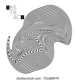 Abstract striped wavy shape. Optical art background. 3D marble texture. Black and white striped pattern. Futuristic vector illustration isolated.