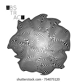 Abstract striped wavy shape. Optical art background. 3D marble texture. Black and white striped pattern. Futuristic vector illustration isolated.