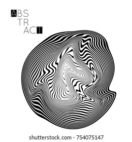 Abstract striped wavy shape. Optical art background. 3D marble texture. Black and white striped pattern. Futuristic vector illustration isolated.