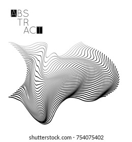 Abstract striped wavy shape. Optical art background. 3D marble texture. Black and white striped pattern. Futuristic vector illustration isolated.