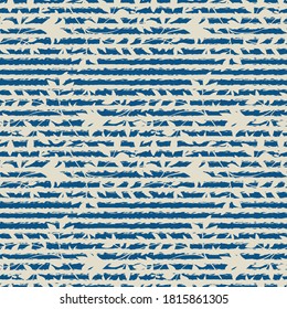 Abstract striped and wild meadow grass seamless vector pattern background. Painterly blue stripes and blended beige leaves backdrop. Geometric damask style repeat. Botanical foliage all over print.