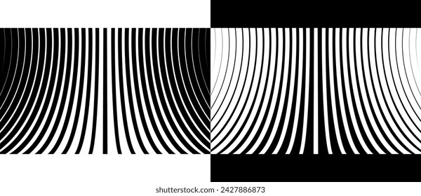 Abstract stripes background with growing lines. Lines rise up to horizon. A black figure on a white background and an equally white figure on the black side.