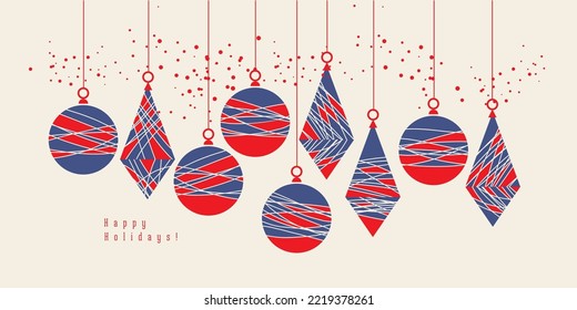 Abstract stripes Christmas ornaments card in blue and red. Classic colors Christmas balls vector. Xmas baubles clipart for header, postcard, poster, banner, invitation.