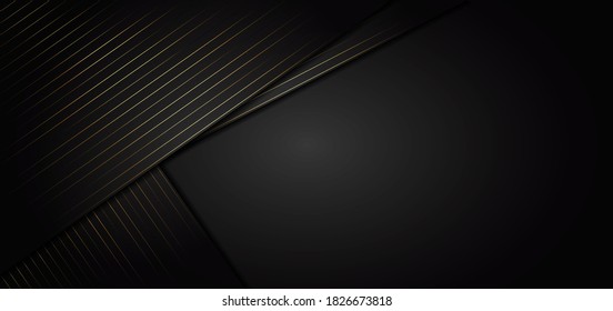 Resumen rayas de líneas doradas se solapan diagonales en el fondo negro. Estilo de lujo. Ilustración del vector
