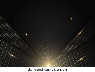 Abstract stripes golden lines diagonal overlap with light effect on black background. Luxury style. Vector illustration