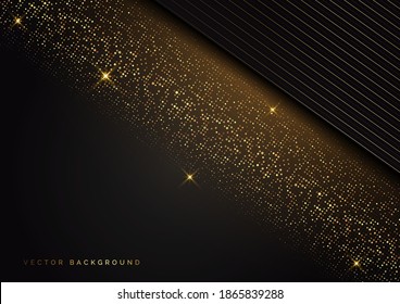 Abstract stripes golden lines diagonal overlap with glitter gold dot on black background. Luxury style. Vector illustration