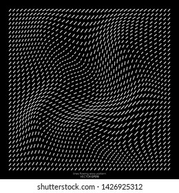 Abstract stripes line particles wavy field pattern white on black background in concept of modern, technology