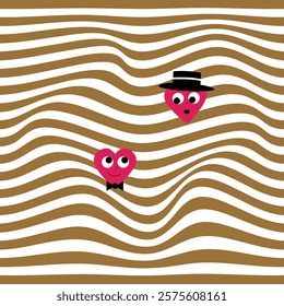 Abstract stripes optical art wave line background and two hearts. Vector illustration