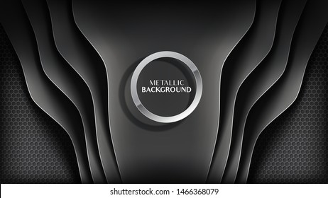 Abstract stripes of overlapping black leather with metallic edge on dark hexagonal honeycomb background plus stainless steel ring