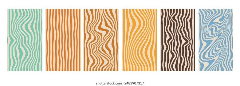 Abstract stripes retro groovy background collection. Isolated vector vertical illustration for design, funky wallpaper for posters, cards, social media templates, posts.