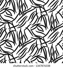 Abstract stripes seamless vector pattern white and black background print. Chaotic monochrome strokes repeat texture.