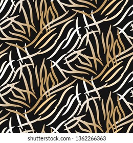 Abstract stripes seamless vector pattern gold on black background print. Chaotic gradient strokes repeat texture.