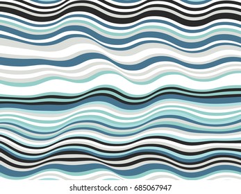 Abstract stripes texture, wavy ribbons vector image. Curved lines pattern, colorful blue and grey minimalist background. Banner, billboard or card backdrop graphic design. 