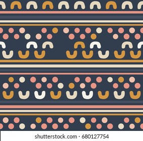 Abstract stripes tribal decorative background with circle semicircle and line design pattern seamless wallpaper. Vector image