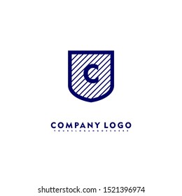 abstract stripped blue shield protection C logo letter simple design concept isolated on white background suitable for company and technology