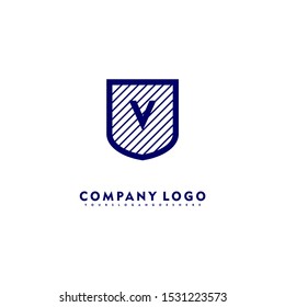 abstract stripped blue shield protection V logo letter simple design concept isolated on white background suitable for company and technology