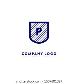 abstract stripped blue shield protection P logo letter simple design concept isolated on white background suitable for company and technology