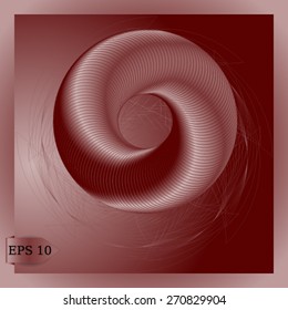 abstract stripy whirl movement over dark red background, vector illustration, optical art.