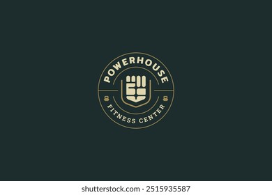 Abstract strong fist bodybuilding circle retro logo design template for gym club vector flat illustration. Fitness center power hand sport physical exercise muscle training minimalist logotype emblem