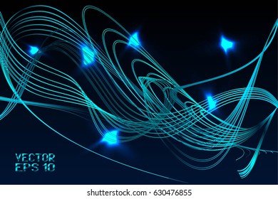 Abstract Structural Curved Background with Glow. Blue Lines and Turquoise Waves.  Vector. 3D Illustration