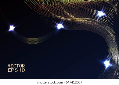Abstract Structural Curved Background with Glow. Golden Lines and Beige Waves.  Vector. 3D Illustration