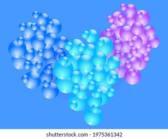 Abstract structure of color glass spheres. Science banner with blue 3d atom bundles