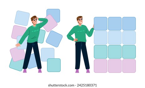 abstract structured data  vector.  computer science, network software, blue binary abstract structured data character. people flat cartoon illustration