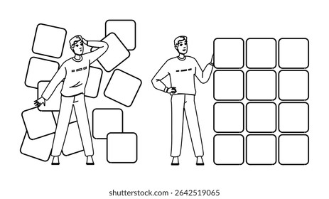 abstract structured data vector. computer science, network software, blue binary abstract structured data character. people black line pencil drawing illustration