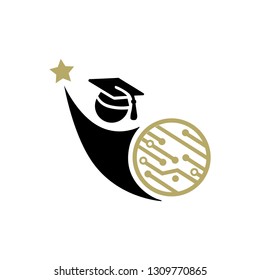 abstract student figure with gold  star and circuit shield, logo icon